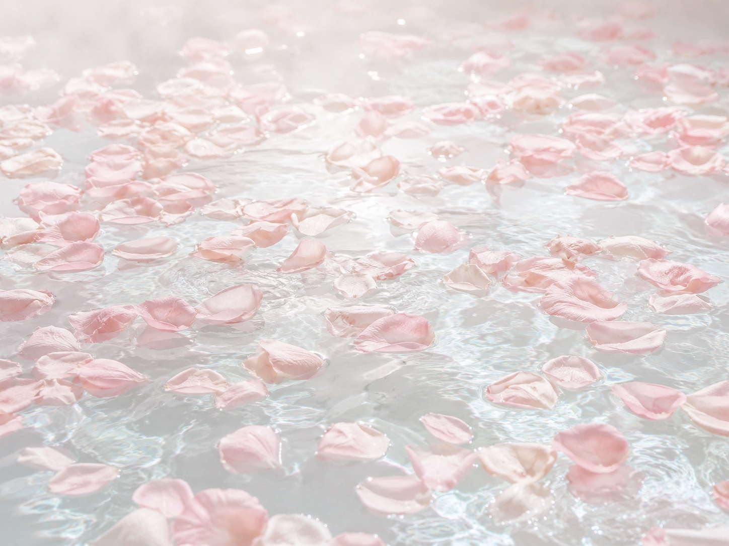 湯面に浮かぶ淡いローズの花びら